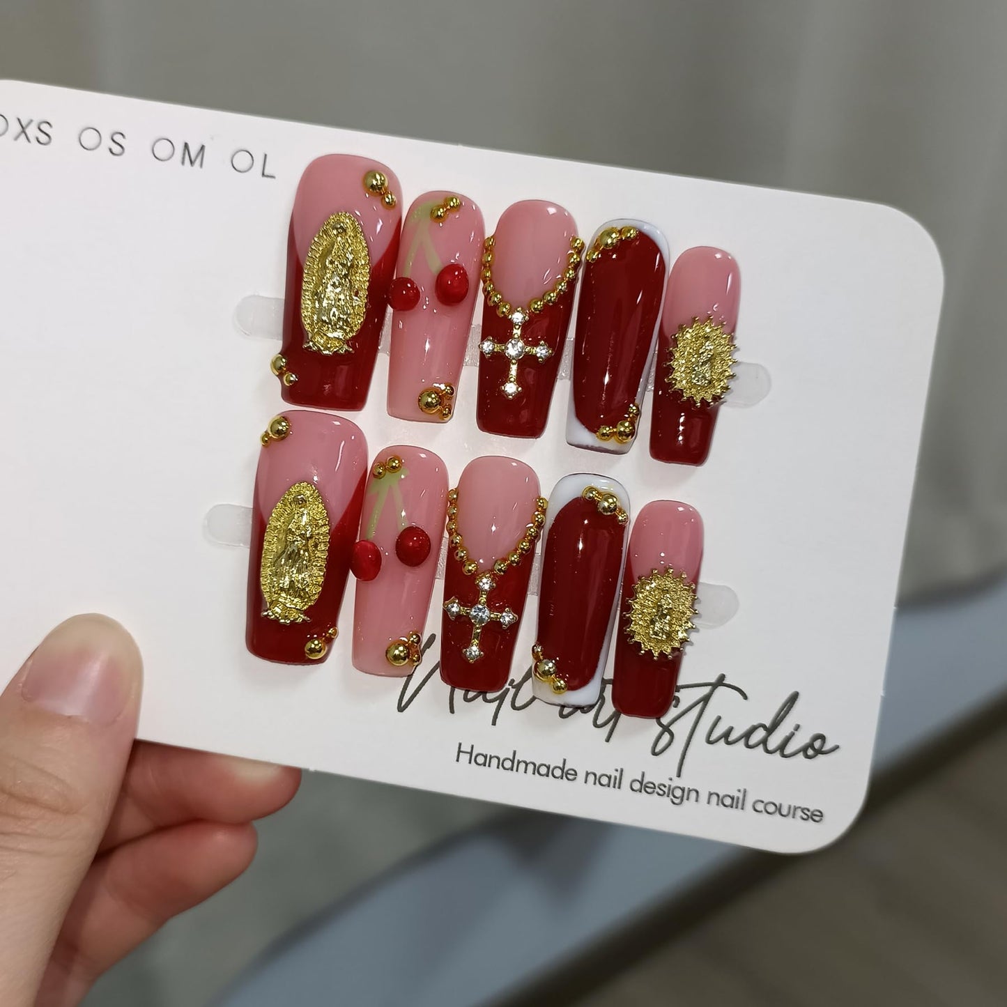 TENPAL Burgundy French Press on Nails Long Square,3D Embossed Cross Design Luxury False Nails for Wedding Party,Elegant Gothic Glue on Nails for Women Girls(L)