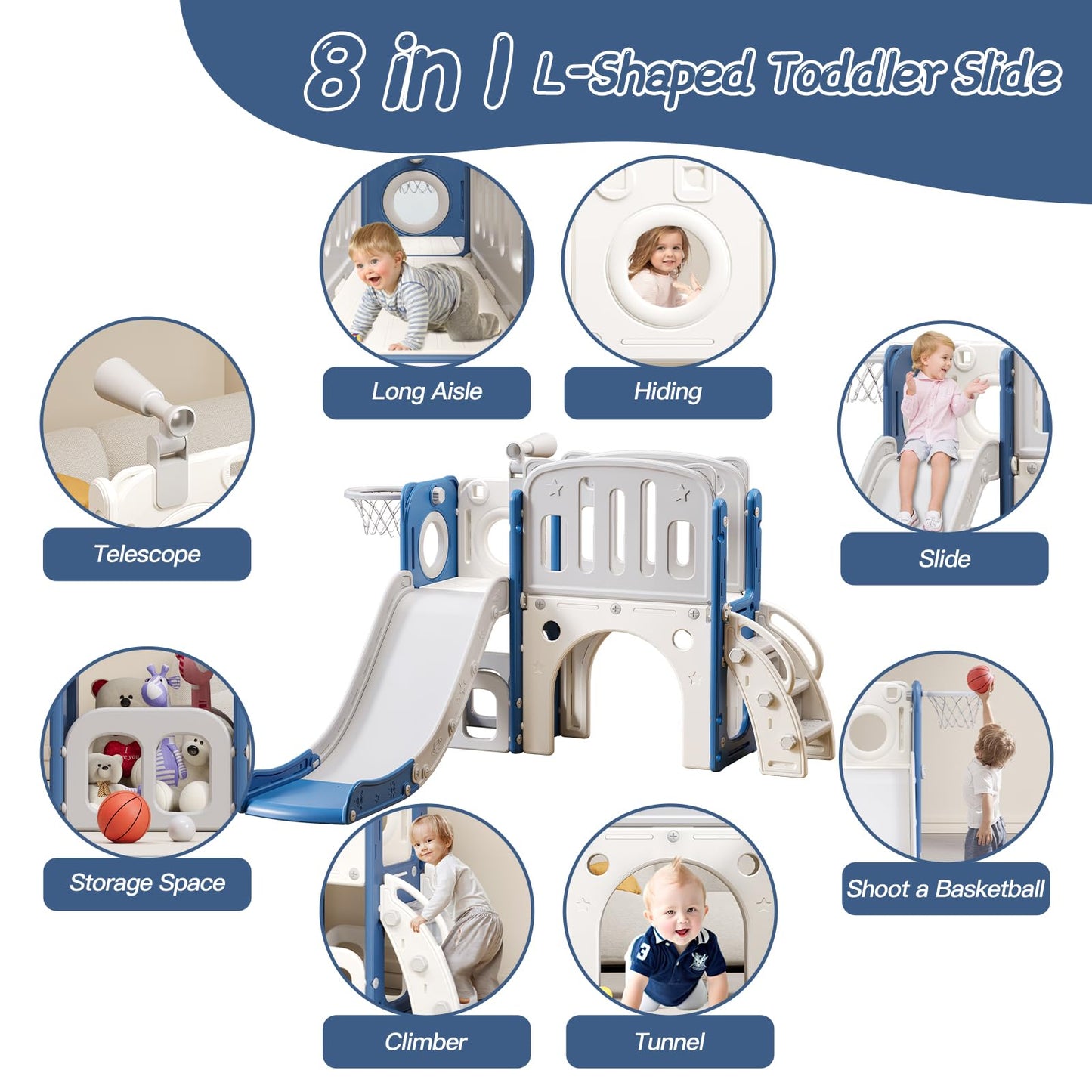 YUYUE 8 in 1 Toddler Slide for Toddlers Age 1-3, Extra-Long Slide with Basketball Hoop Indoor and Outdoor Baby Climber Playset Playground Freestanding Slide