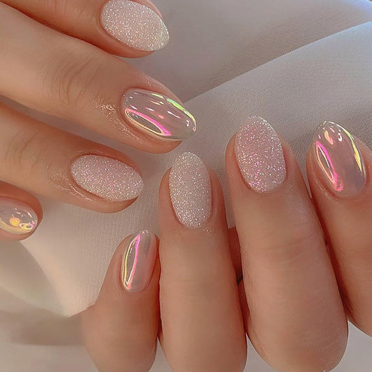 Press on Nails Oval Short, Artificial Fake Nails with Nude Powder Design, Full Cover Reusable Coffin Shaped Glossy False Nails, Simple Sweet Acrylic Nails, Glue on Nails for Women Set 24Pcs
