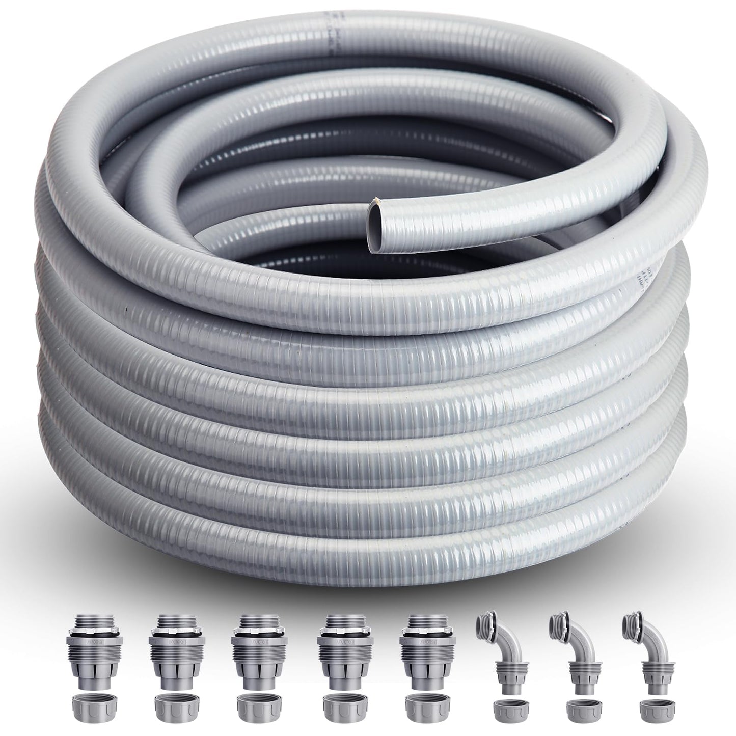 AISIMEE Liquid Tight Conduit 2inch 25FT,Flexible Non-Metallic Liquid Tight Flex Electrical Conduit and Connector Kit with 5 Straight and 3 90-Degree Conduit Connector Fittings