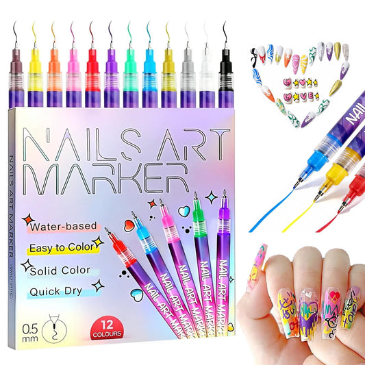Nail Art Pens Set 12 Colors Nail Art Markers, Polish Pen for 3D Nail Art, Drawing Painting Liner Brush for DIY Nail Art Beauty Adorn Manicure Tool (N1)