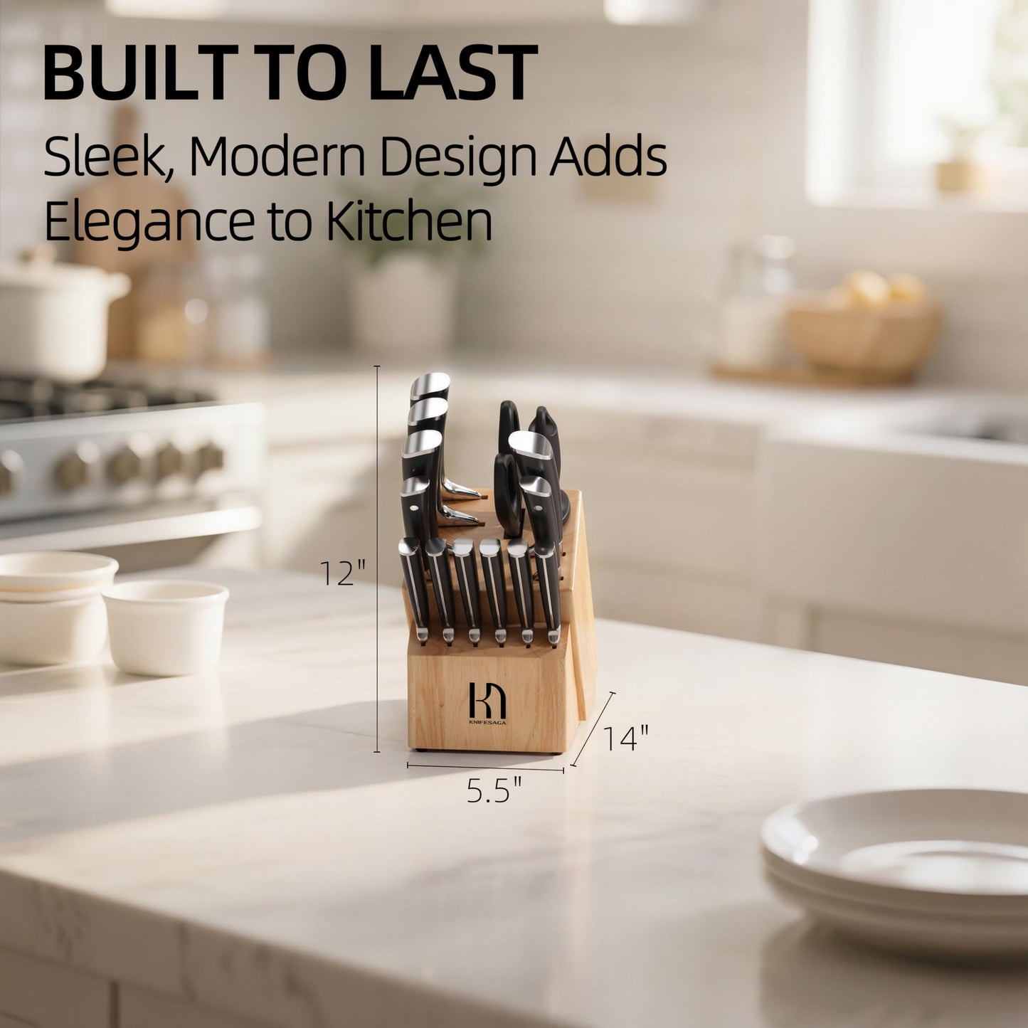 KnifeSaga Knife Set with Block, Japanese 15 PCS Ultra Sharp Ktichen Knives Set, High Carbon Stainless Steel Knife Block Set with Sharpener, Professional Knives with Ergonomic Handle for Home Chefs