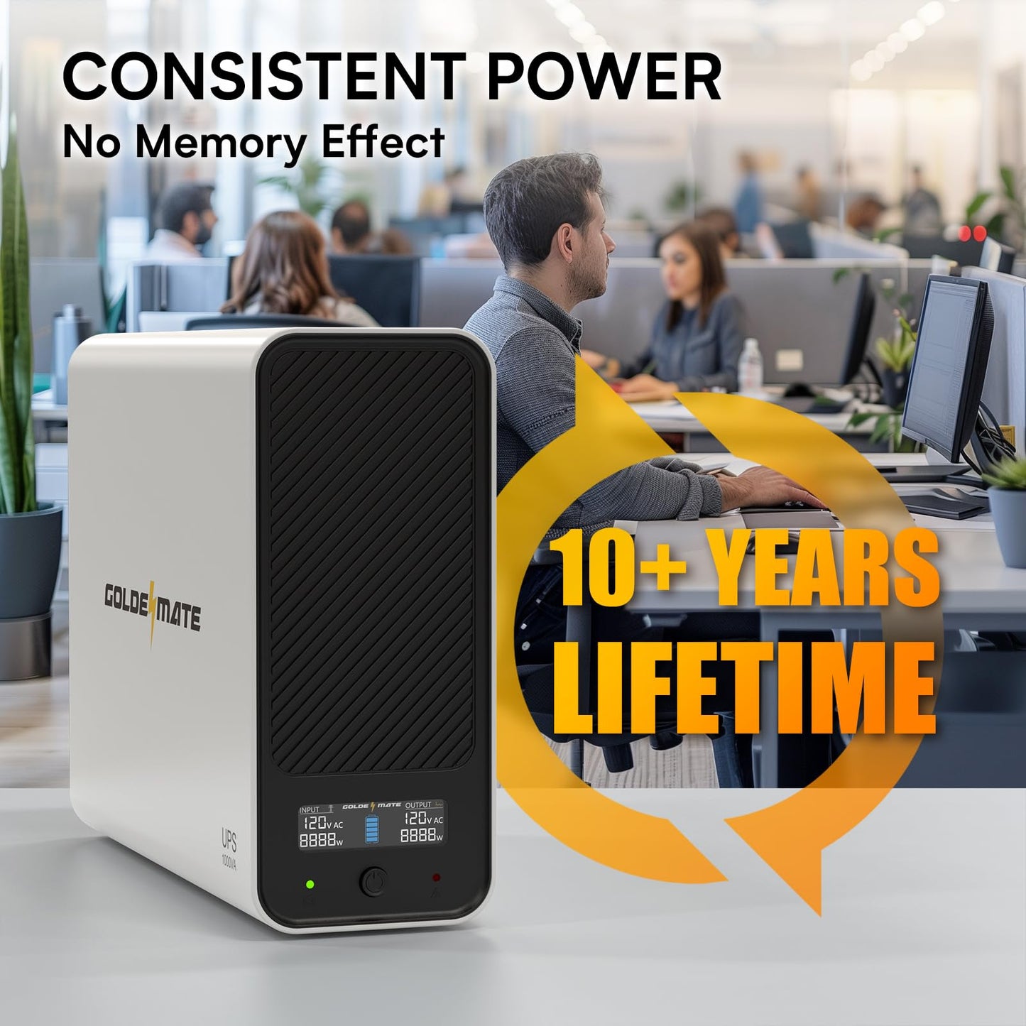 GOLDENMATE 1000VA/800W Lithium UPS Battery Backup and Surge Protector, Backup Battery Power Supply with LiFePO4 Batteries(230.4 Wh), Pure Sinewave UPS System, 8 Outlets, LCD Display, New Upgrade Ver