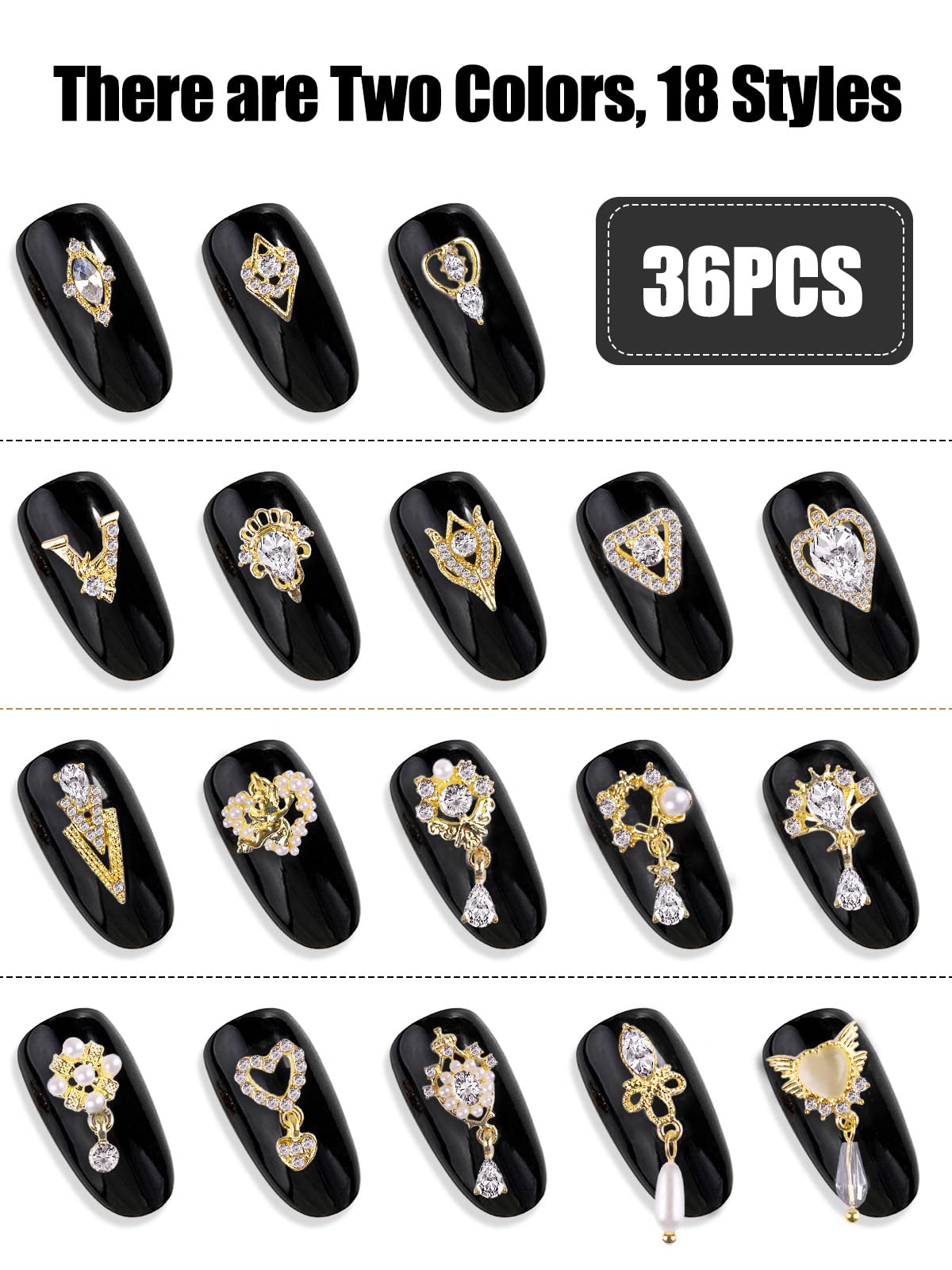 36 Pcs Luxury Nail Charms, TOROKOM 3D Dangle Nail Art Rhinestones Gold Silver Heart Pearl Crystal Gems Nail Diamond for Girl Women DIY Nail Design Craft Jewelry Making