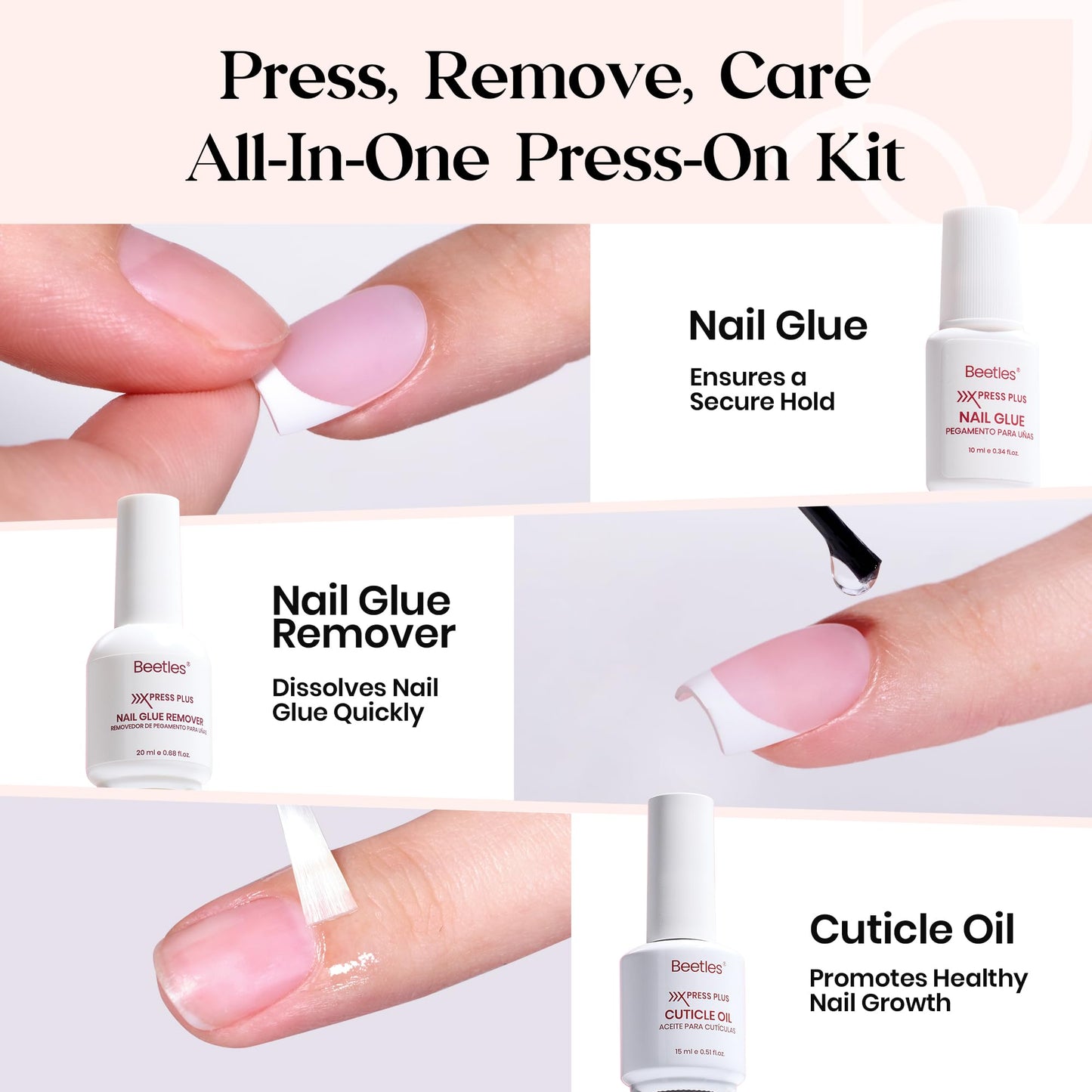 Beetles X Press Plus On Nails Kit-Short Square French Tip Press On Nails Kit with 150Pcs Pink French Nail Tips Nail Glue & Remover Builder Top Coat Nail Lamp,All-in-One DIY Fake Nails Gift for Women