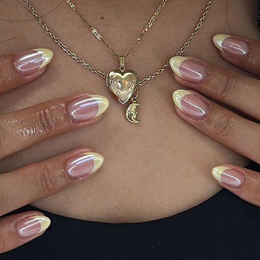 Yellow French Press On Nails Short Almond Fake Nails Chrome French False Nails Reusable Acrylic Nail Press Ons Glossy Glue Stick On Nails Full Cover For Women Manicure 24Pcs
