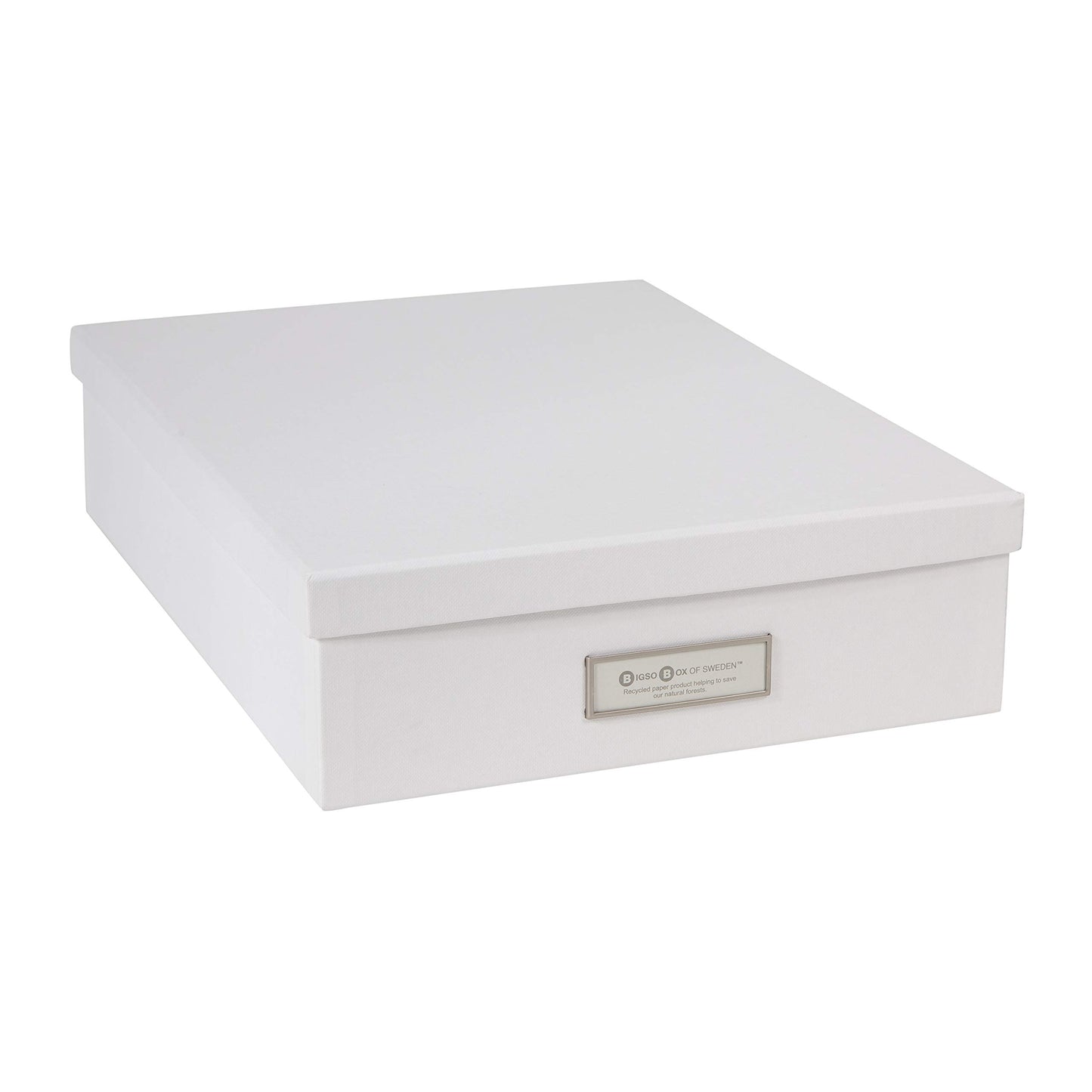Bigso Oskar Fiberboard Label Frame Document Letter Box - File Organizer Box for Important Paperwork - Durable Document Storage with a Lid & Metal Label Window - 3.3 in x 10.2 in x 13.8 in - White