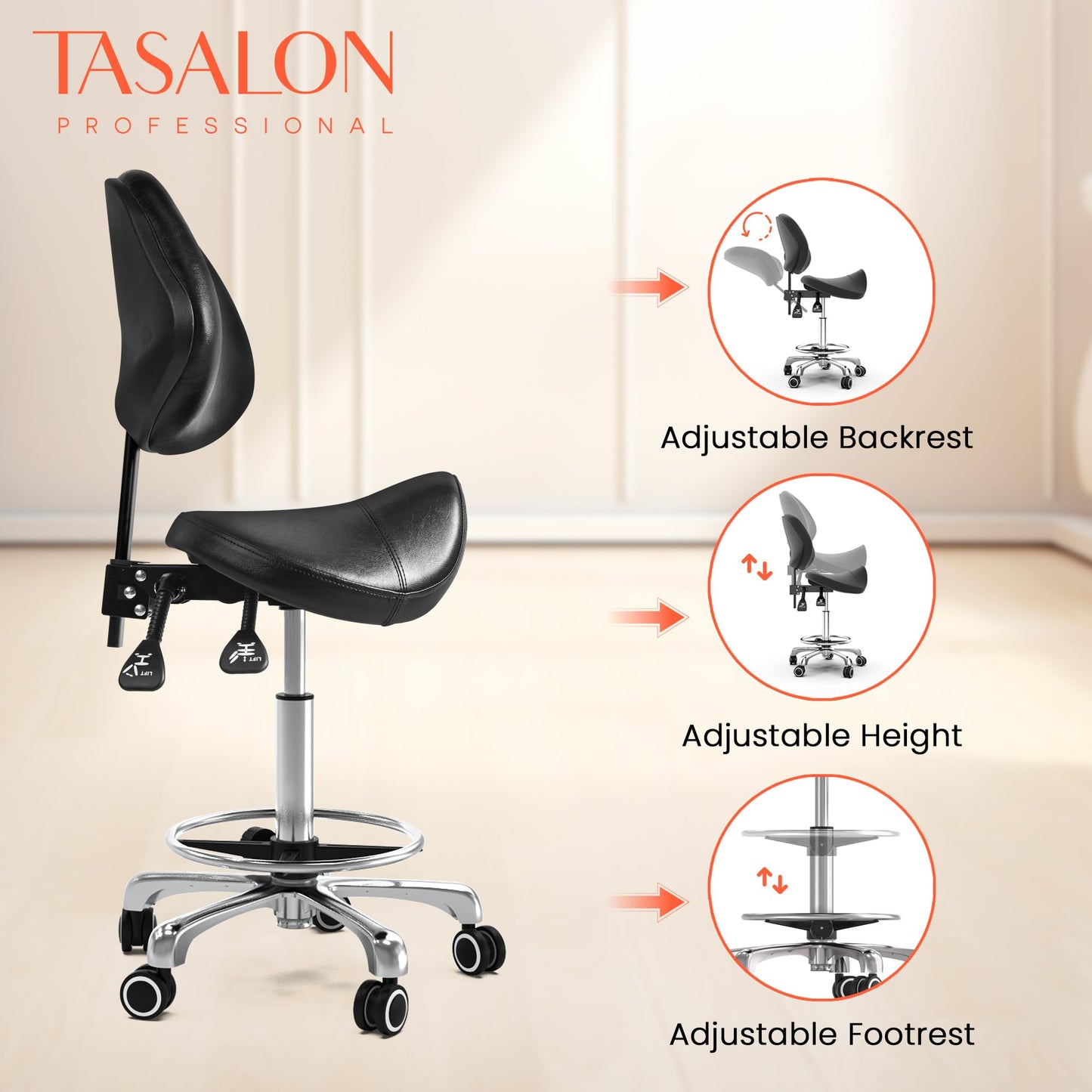 TASALON Saddle Stool with Back Support Ergonomic Adjustable Stool with Wheels - Swivel Salon Cutting Stool for Kitchen, Salon, Spa, Tattoo, Pedicure, Massage -Esthetician Chair – Black