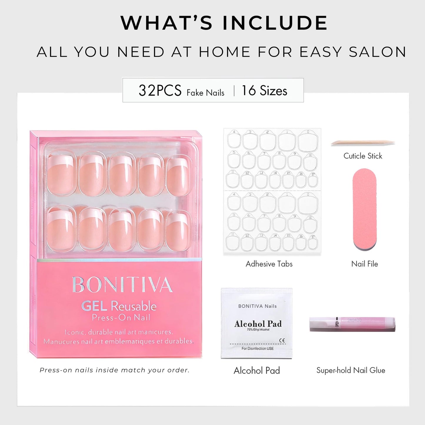 Bonitiva Short Almond Press On Nails, Glossy Nude Soft Gel Reusable, 32PCS 16 Sizes, Salon Quality Long Lasting Fake Nails with Nail Glue & File Kit for Women Girls, Daily Wear