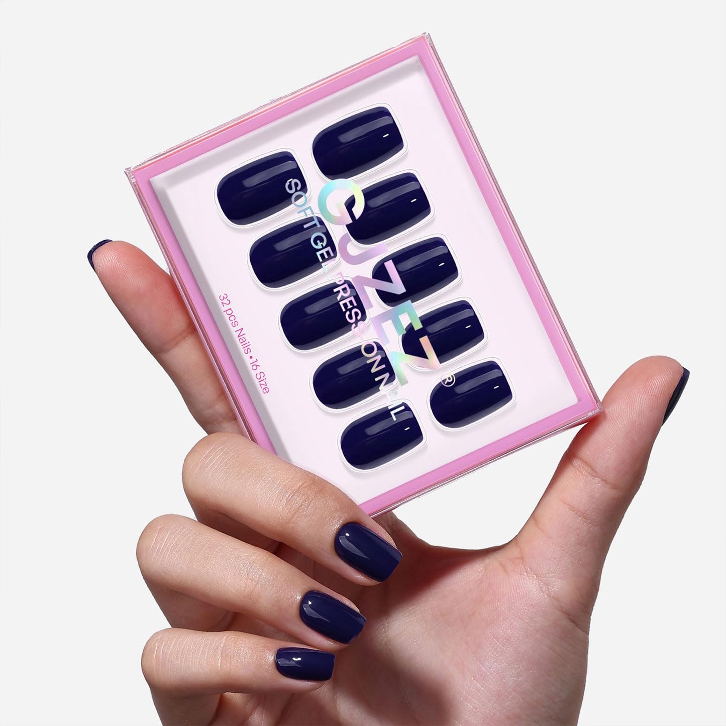 Electric Navy Blue Press On Nails Square - GJZEZ Soft Gel Short Glossy Fake Nail Press Ons with Glue for Women, Natural Opaque Reusable Glue On Nails in 16 Sizes - 32 PCS Stick On Nail, Indigo