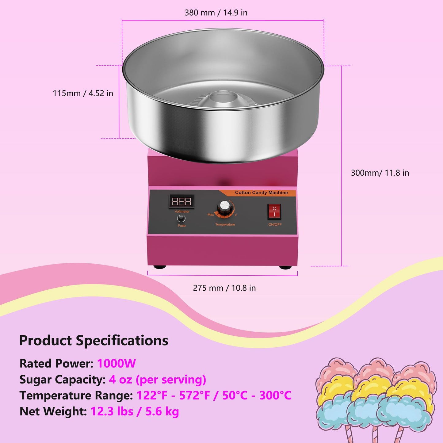 Cotton Candy Machine, Cotton Candy Maker for Home & Business, Professional 110V 1000W Cotton Candy Maker, with Stainless Steel Cover & Sugar Scoop, Candy Floss Machine for Home, Party, Carnival