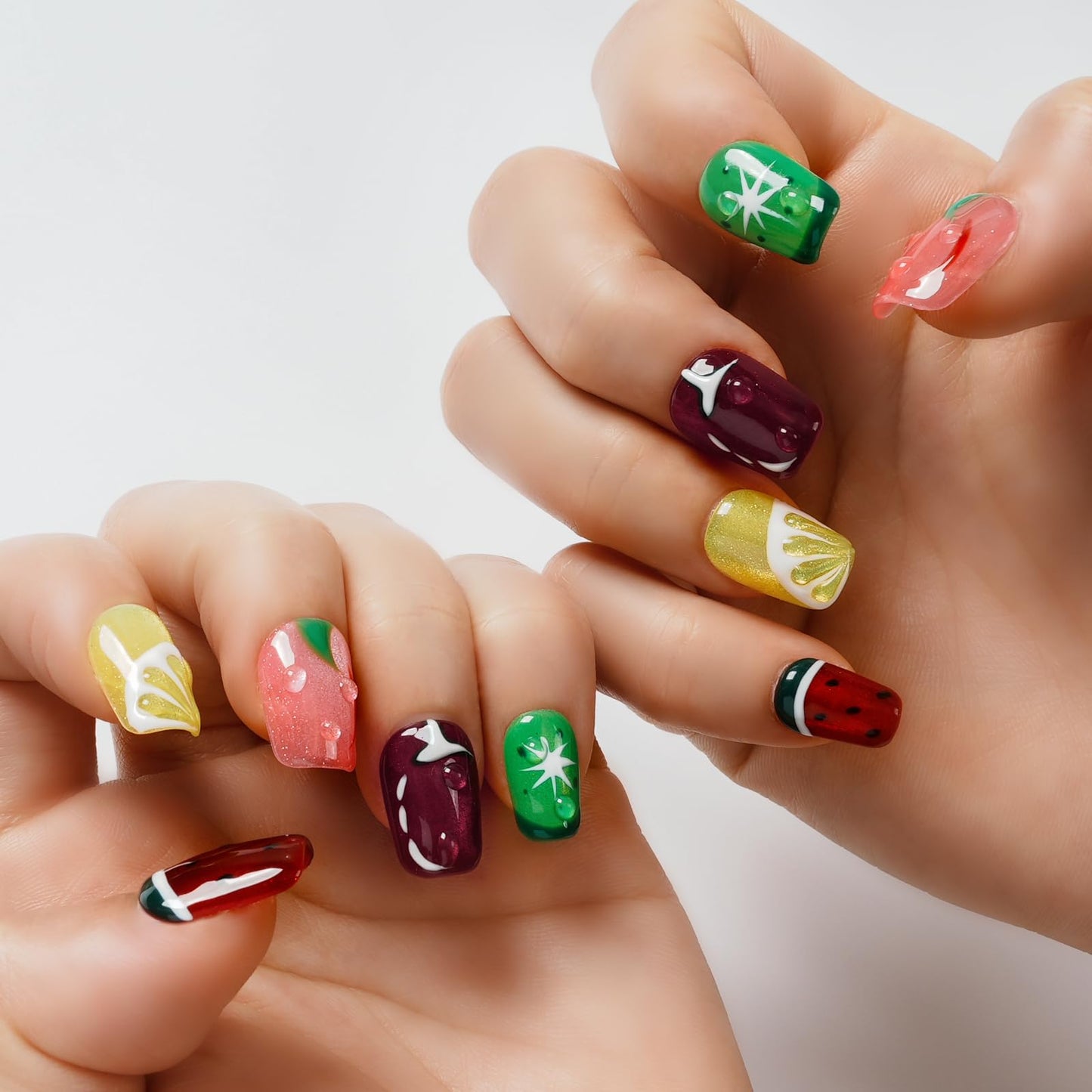 Tesytto Glitter Press on Nails Short Coffin Summer Fruit Nails Cateyes with 3D Water Drop, Hand-painted Watermelon & Lemon Art, Reusable Acrylic Full Cover Fake Nails, 10pcs (Fruit Party,S)