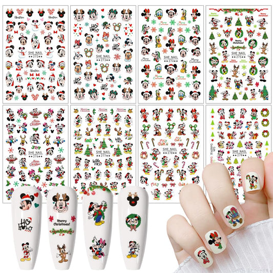 Christmas Nail Stickers - 8 Sheets Cute Cartoon Self-Adhesive Nail Decals, Xmas Nail Art Supply With Snowflake, Elk, Mouse Design for Women Girls DIY Nail Decoration