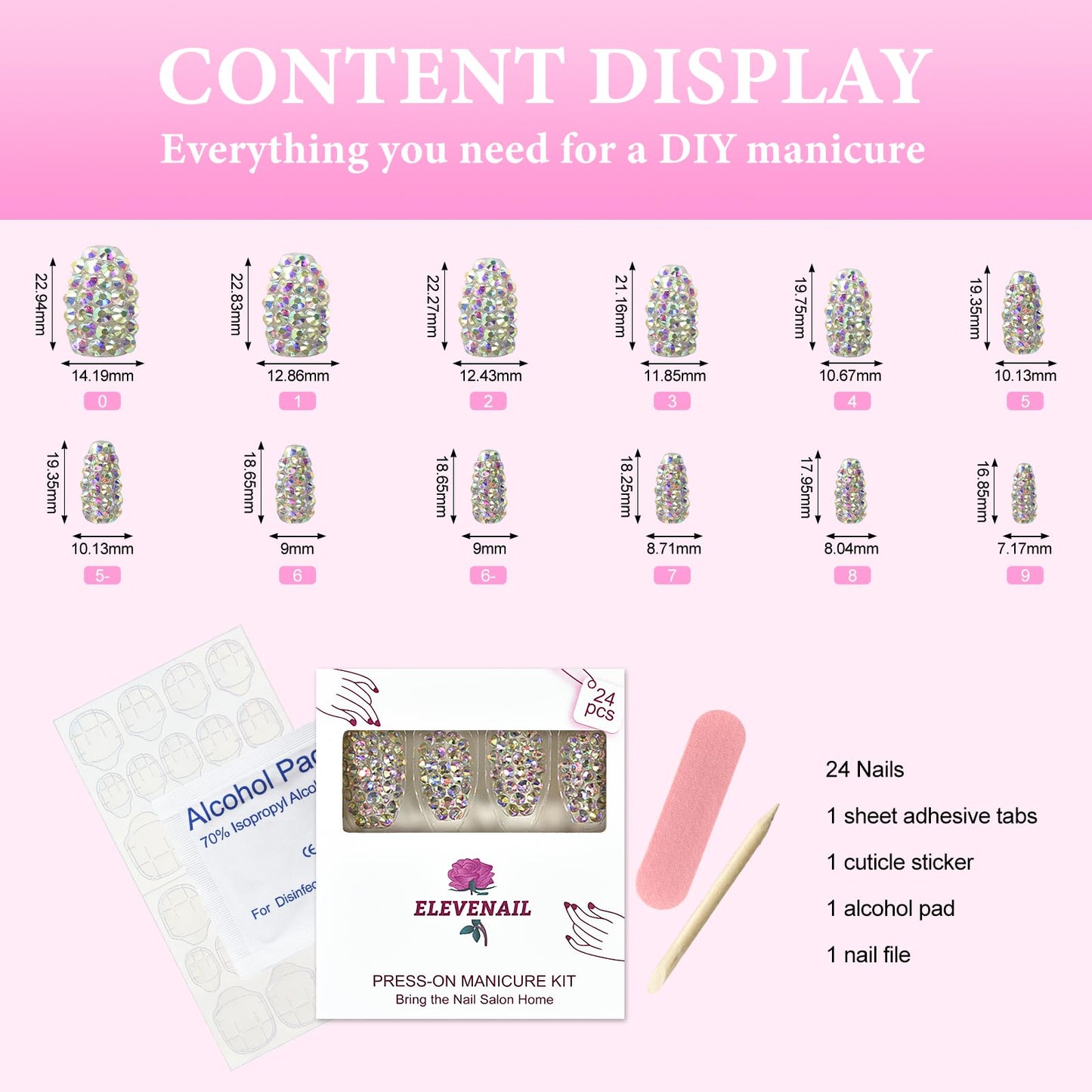 Elevenail Handmade 24pcs Full 3D Rhinestone Press on False Nails Medium length Coffin Fake Nails Salon DIY Manicure Reusable Acrylic Shiny Crystal Nail Art Tips Gift for Women Girls