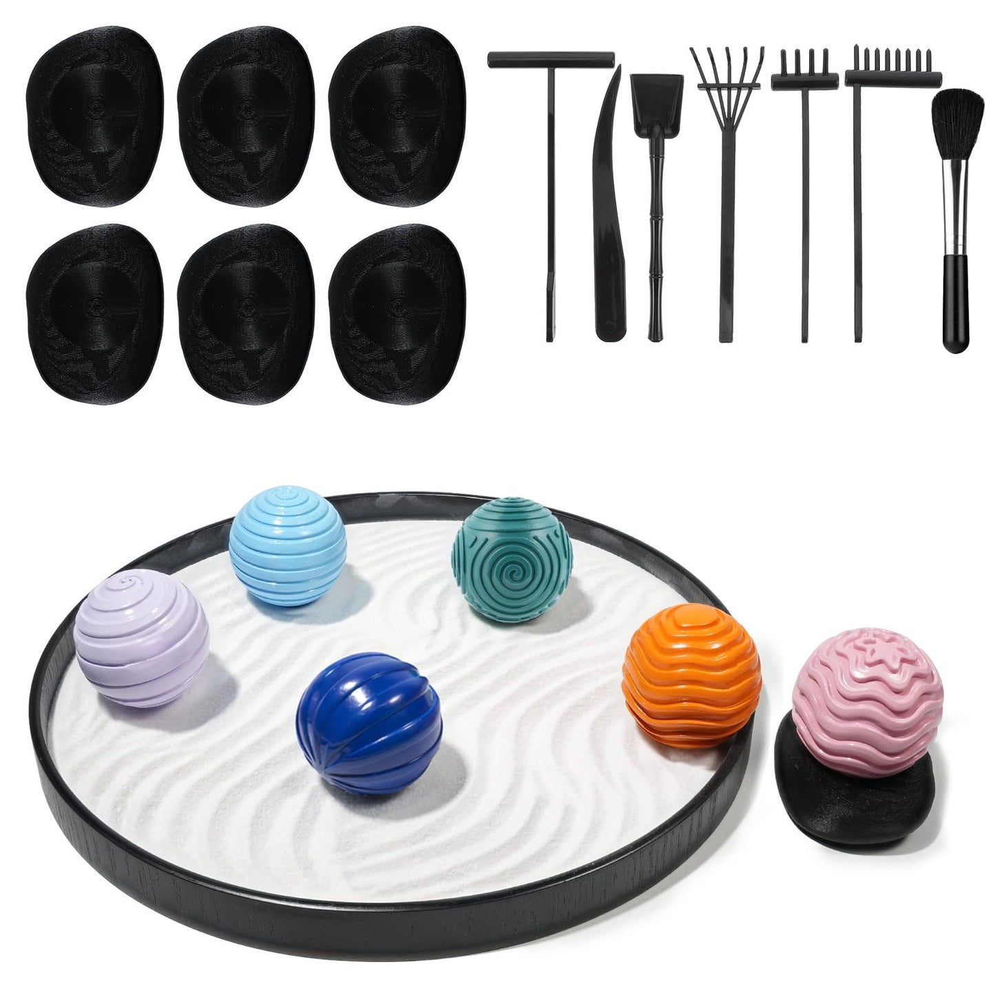 Wowagoga Desk Zen Garden Kit with 6 Textured Sensory Balls, Sand & Tools, Mini Meditation Set for Stress Relief and Desktop Decor