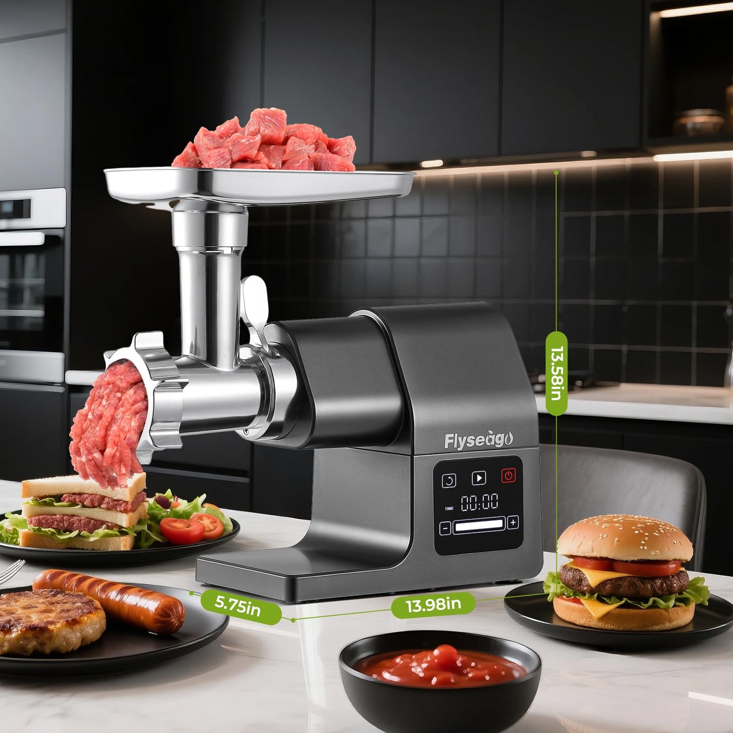Flyseago Meat Grinder Electric 3200w Digital Touch Control Commercial Heavy Duty Meat Grinder and Sausage Stuffers, Kubbe Kit for Household Use & Commercial