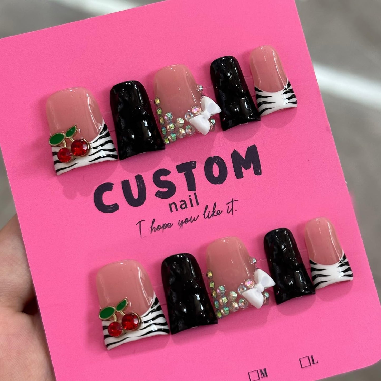 French Tip Press on Nails Handmade Short Duck 3D Thick Acrylic Nails Black&White False Nails with Bow Cherry Rhinestones Butterfly Zebra Print Designs Cute Fake Nail Sturdy Art Press on Nail 10Pcs(S)