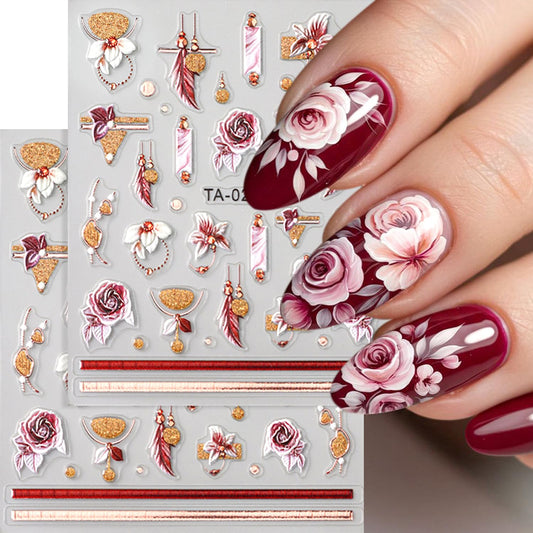2Sheets 5D Embossed Flower Nail Art Stickers Self-Adhesive Smudge Rose Flowers Feather Nail Decals with Rhinestone Design Nail Sticker Cute Floral French Nail Decal for Women Autumn Winter Nails Decor