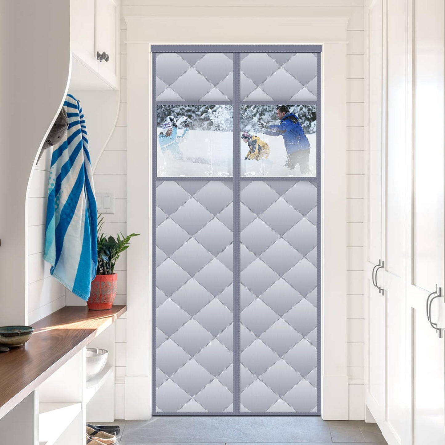 Magnetic Thermal Insulated Door Curtain with Detachable Visible Windows, Thicken Polyester Fiberfill & Durable Oxford Fabric, Hands Free Windproof Door Screen
