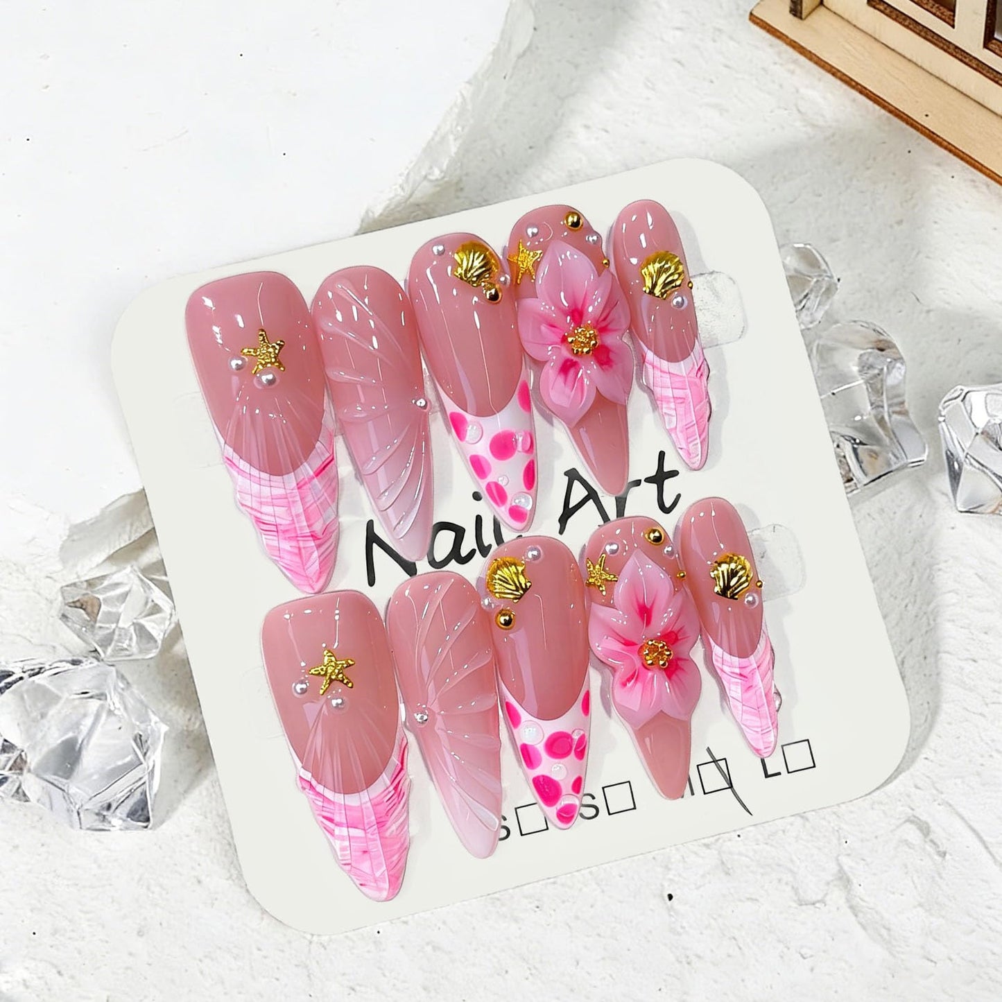 10 Pcs Handmade Press on Nails Long Stilettos Fake Nails with 3D Flowers Star Bell Charms Design Pink White French Tip False Nails Stiletto Press Ons Nails Acrylic for Women Wedding Manicure - M Size