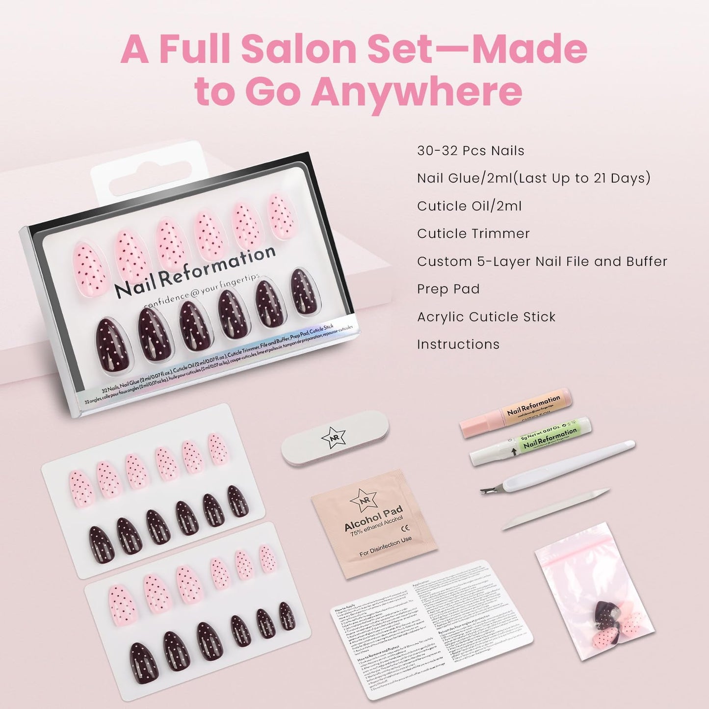 Nail Reformation Press On Nails, Double Dip | Polka Dot Short Almond Fake Nails in Rich Brown and Creamy Pink with Glossy Finish, Reusable Stick On Nails in 16 Sizes - 32 Nail Kit for Women Gifts