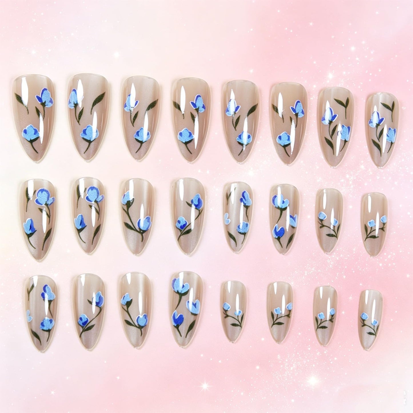 Press on Nails with Flower Design Floral Medium Almond False Nails Leaf Fake Nail Glossy Blue Glitter Glue on Nail Sparkly Stick on Fingernails for Women Sweet Daily Wear