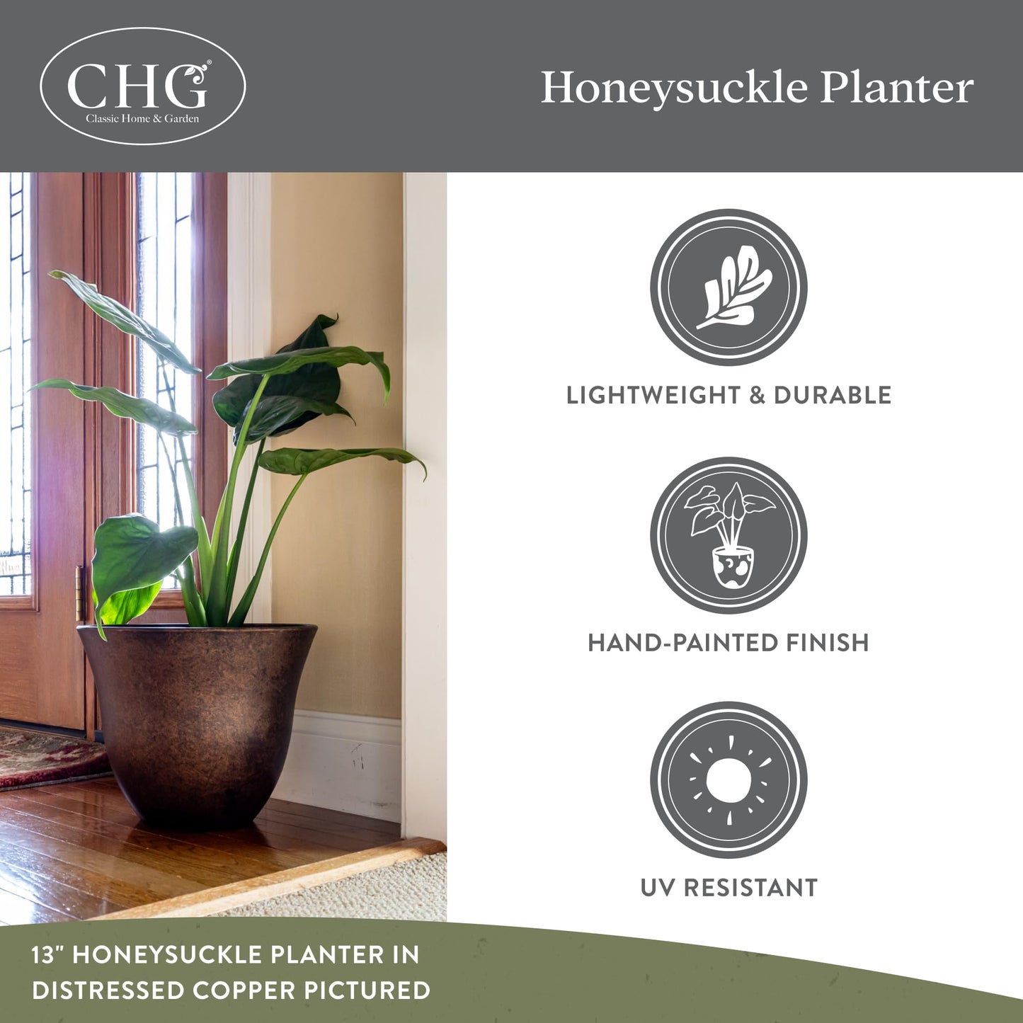 Classic Home and Garden by Growscape Honeysuckle Resin Planters - Lightweight Indoor & Outdoor Plant Pots - UV-Resistant Plastic Flower Pots - Pot Planters for Flowers & Herbs (15" Fossil)