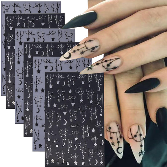 CJDLTS 6 Sheets Moon Star Nail Art Stickers 3D Self -Adhesive Hollow Stars Nail Decals Holographic Black & Silver Pendant Star Moon Nail Stickers Unique Nail Decoration for Women Manicure Supplies