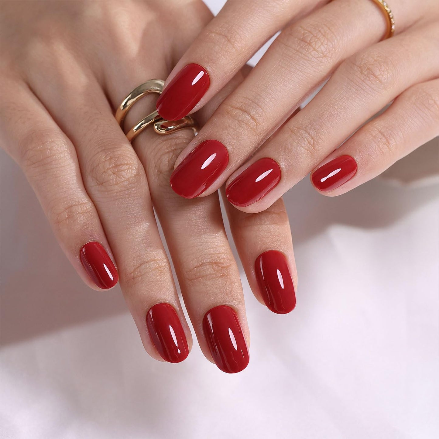 Red Press on Nails Short Oval - GJZEZ Soft Gel Nail Press Ons Solid Glossy Full Cover Fake Nails Gifts for Women | 16 Sizes - 32 pcs Natural Long Lasting Reusable Faux Nail Kit with Glue, Cherry Red