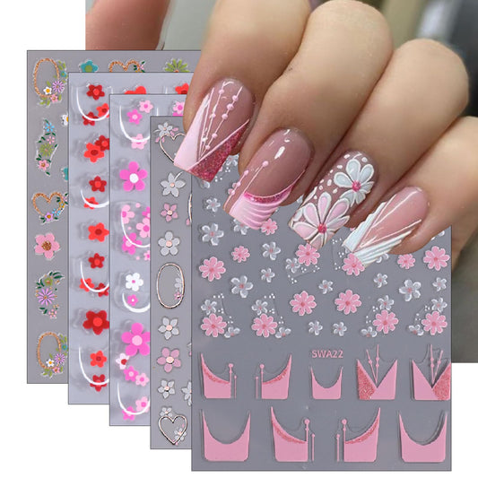 5 Sheets Flower Nail Art Stickers 3D Self-Adhesive Spring French Pink Daisy Floral Design Decals Summer Sunflower Nail Stickers Women DIY Decoration