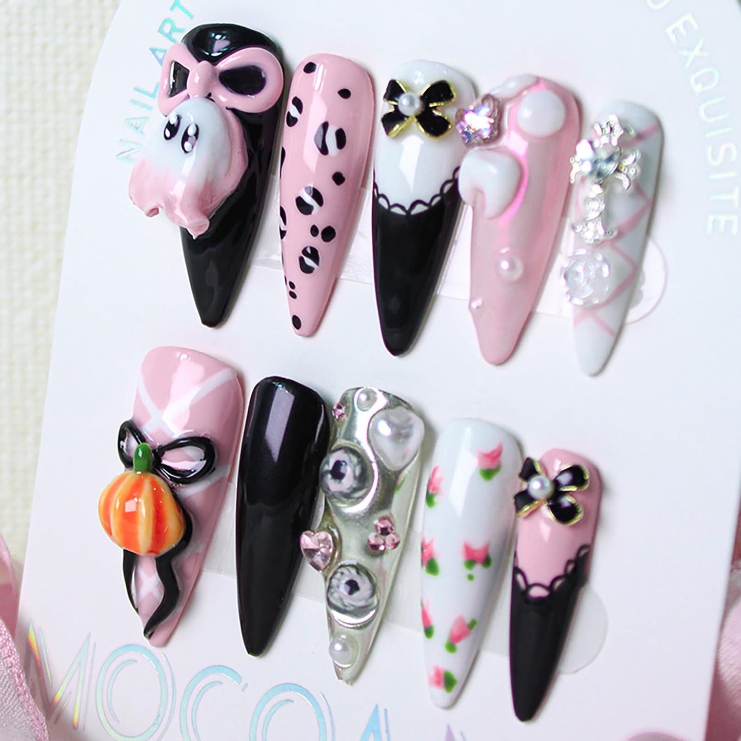 10Pcs Handmade Halloween Press on Nails Long Stiletto Fake Nails with Bow Rhinestone Pearl Design 3D Ghost Pumpkin False Nails Cute Halloween Acrylic Nails French Tip Stick on Nail for Women (S)