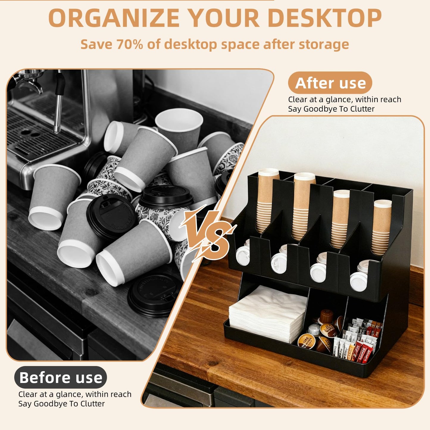 WELKOR Commercial Cup and Lid Holder with Straw Organizer,Disposable Coffee Cup Condiment Dispenser for Countertop Org, Coffee Bar, Beverage Cup, Kitchen, Breakroom (11 Compartment Upright)