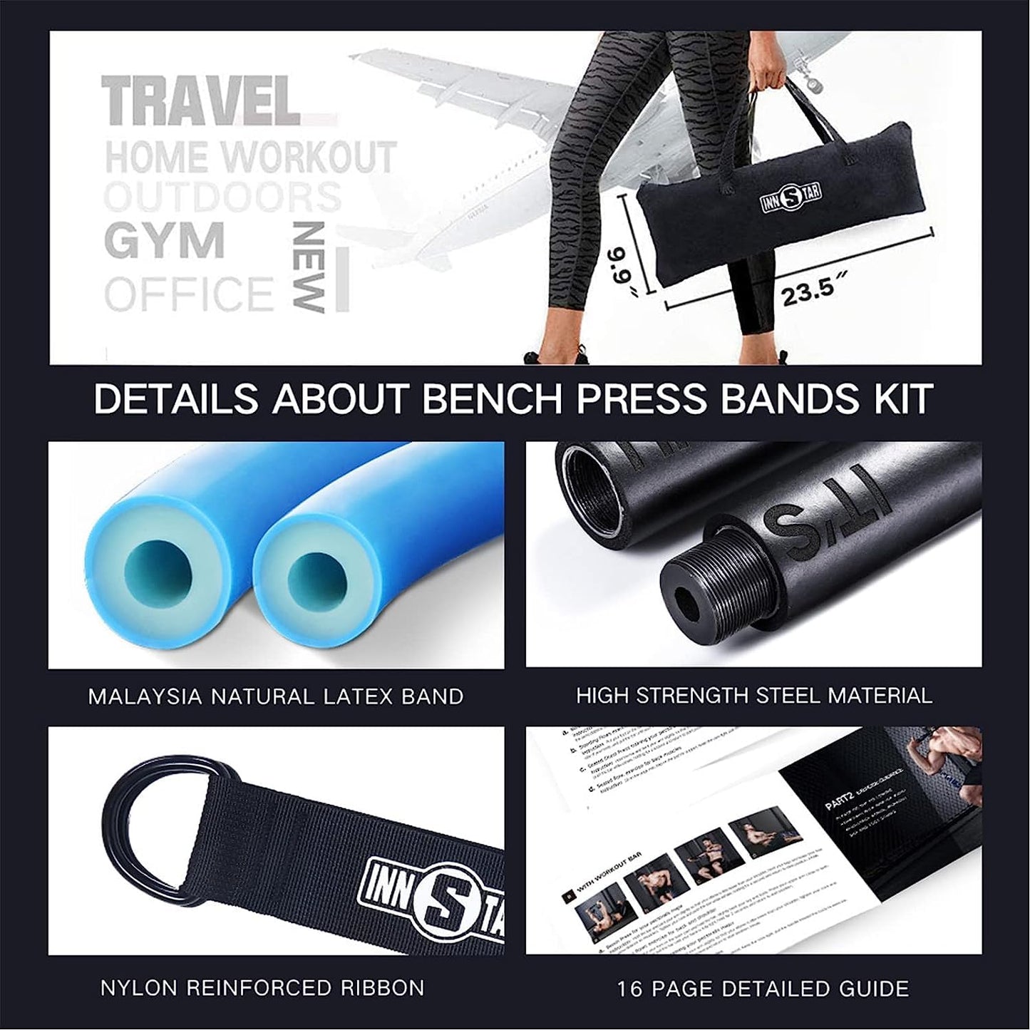 INNSTAR Resistance Bands Bar Exercise Bands Attachment 38" Black Max Load 800lb for Home Gym Workout Full Body Workout Power Lifting Fitness Bar (Black)