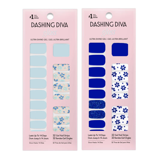 Dashing Diva Gloss Nail Strips Bundle - The Blue Blossom Collection - June Bloom & Flor Azul - UV Free, Chip Resistant, Long Lasting Gel Stickers - Contains 2 Sets