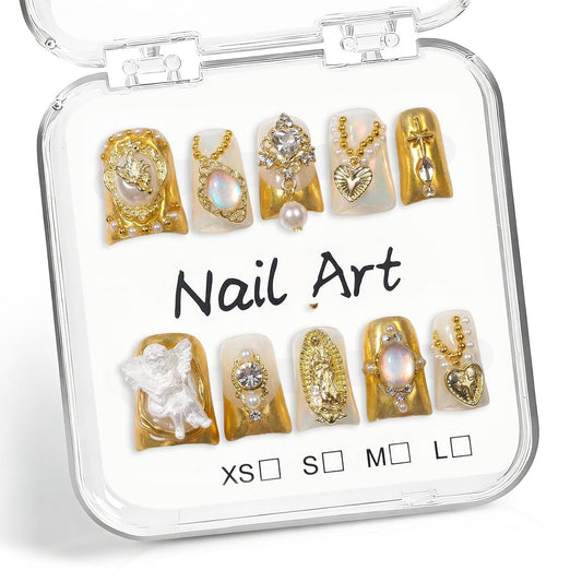 10 Pcs Handmade Press on Nails Short Duck Fake Nails Flower Luxury 3D Charms Vintage Pearl & Rhinestone Design Golden French Stick on Nail Reusable Thick Muti-Layer Gel Acrylic Nails for Women（M)