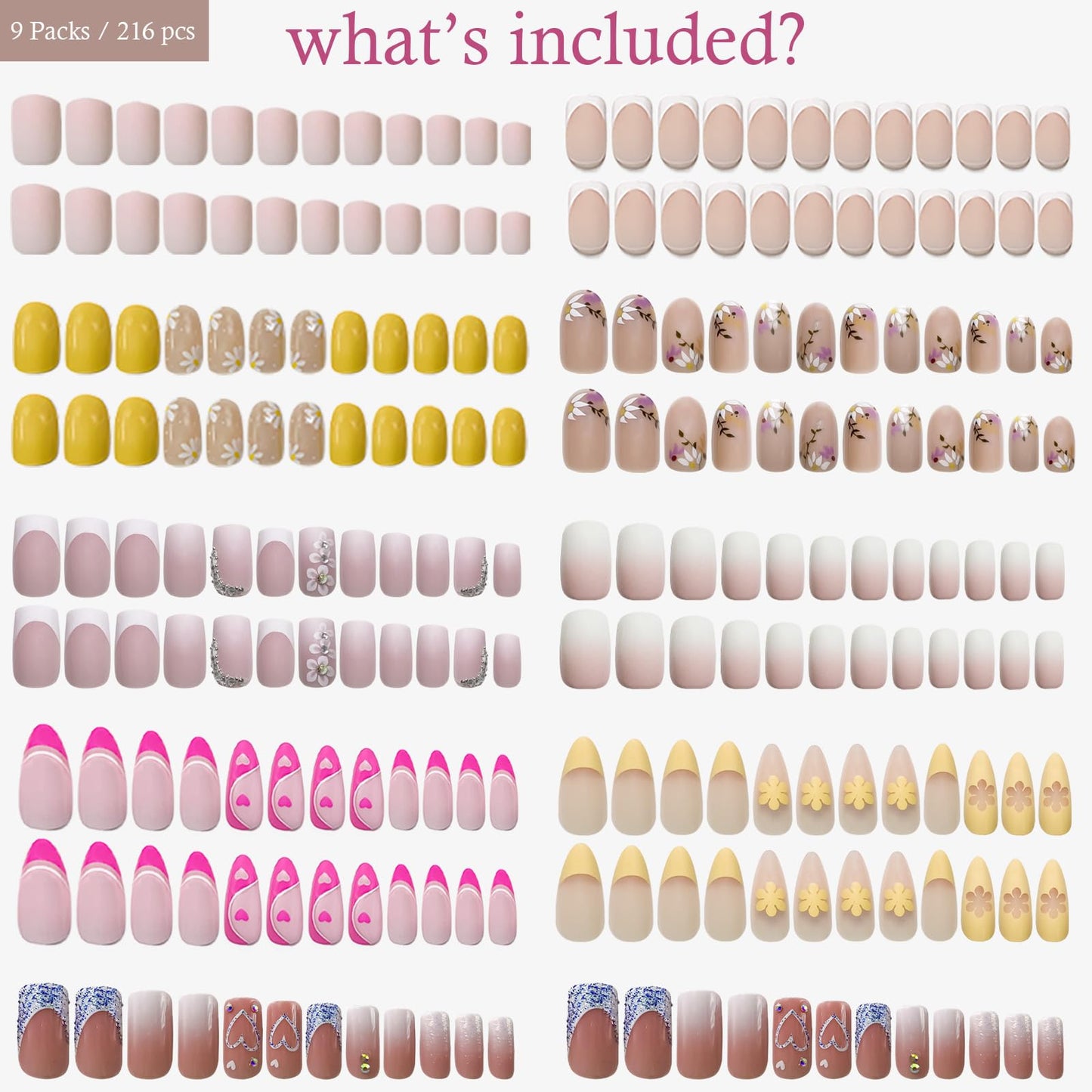 Jsiallye 9 Packs Press on Nails Short, 216Pcs Pink Gradient Press on Nails Square, Glue on Nails for Girl Nail Art, 12 Size of Fake Nails - 9 Styles Nail Kits
