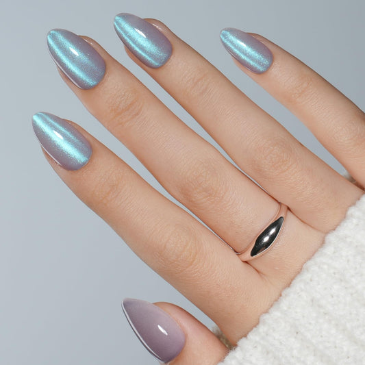 Cat Eye Press On Nails Almond - Short Almond Fake Nails with Nail Glue, Steel Blue Cateye Press On Nails Reusable Stick On Nails in 16 Sizes 32 Nail Kit for Women & Girls | Salon Quality