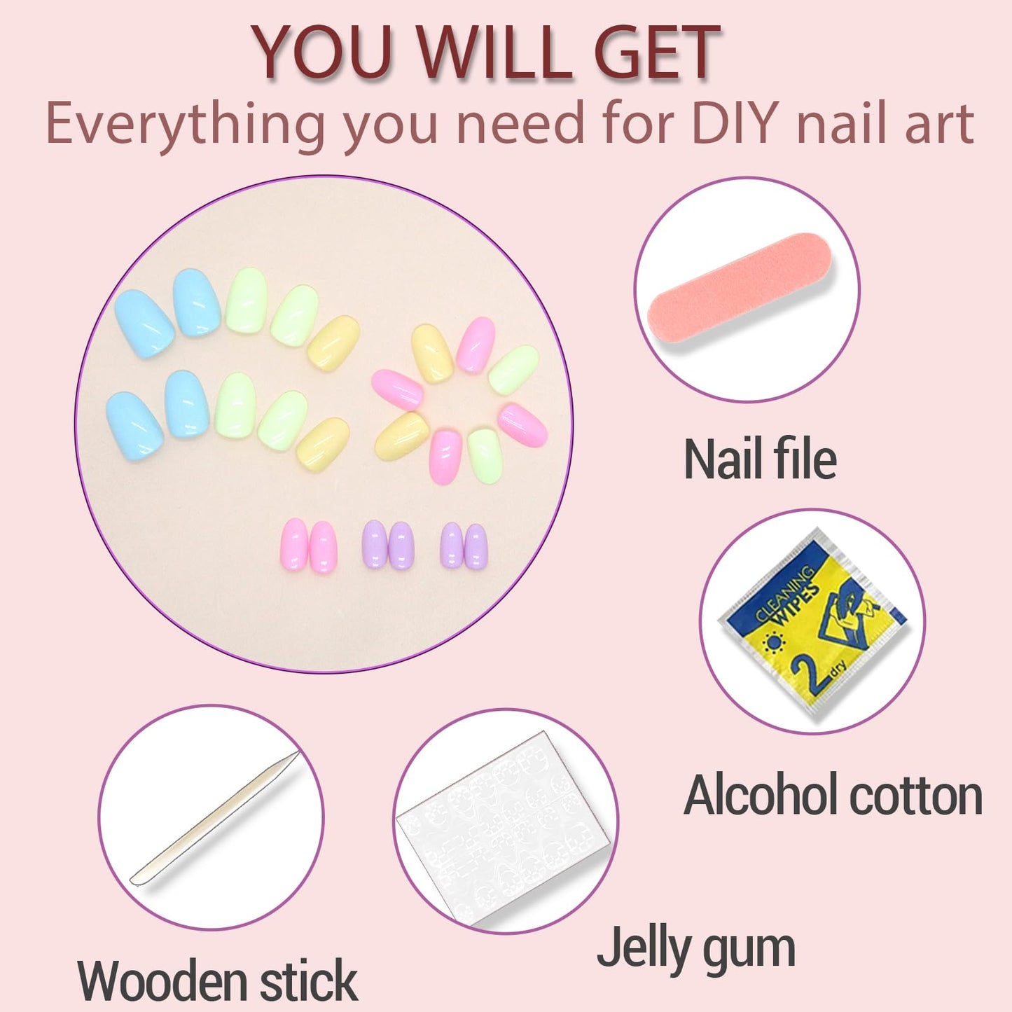 Short Fake Nails - Acrylic Press Ons, Almond Squoval Glossy False Nails with Multi-Color Rainbow Designs - 24 Pcs