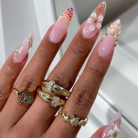 SEENEEY Long Almond Press on Nails French Fake Nails Orange Artificial Nail White Floral Designs Stick on Nail for Women 24pcs