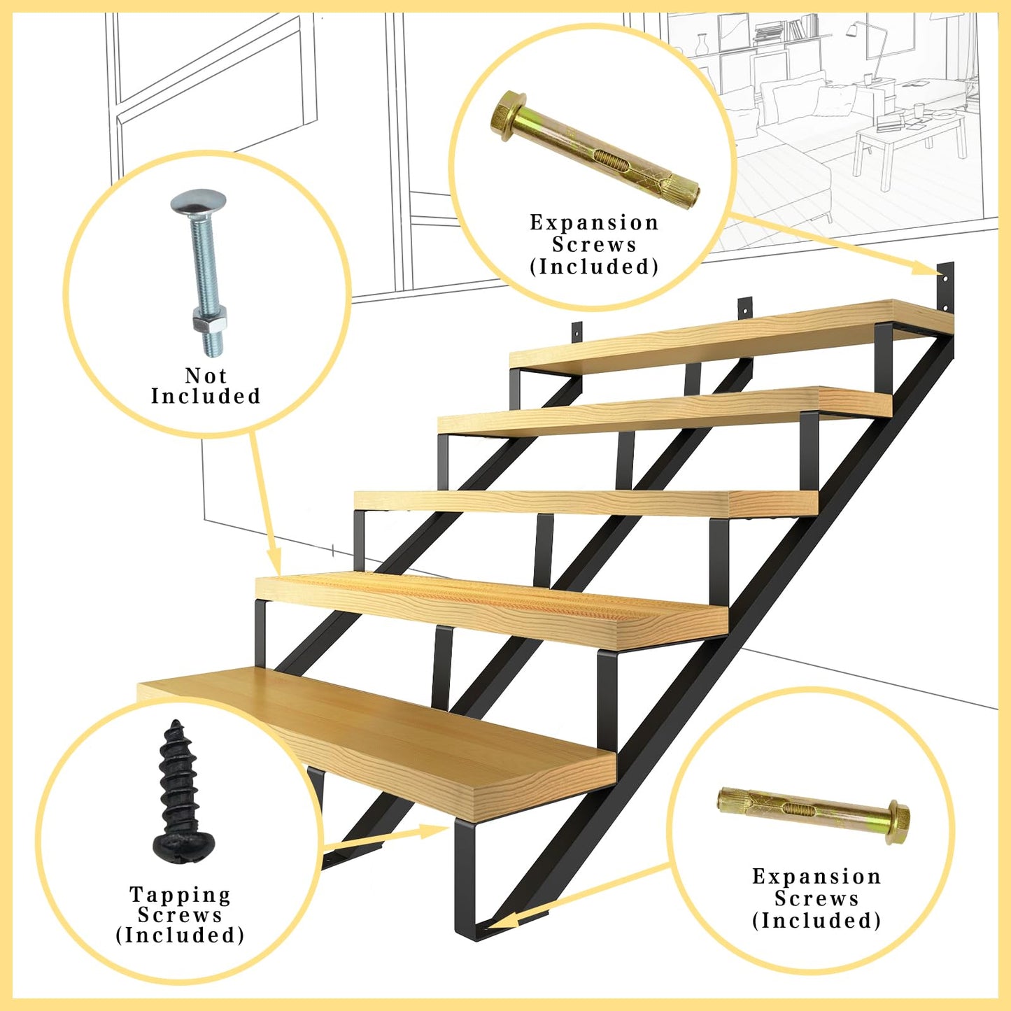 3 Packs Metal Stair Step Stringers, 5 Step Steel Riser Stringer for 42.4inch Height Deck(Polished Black)