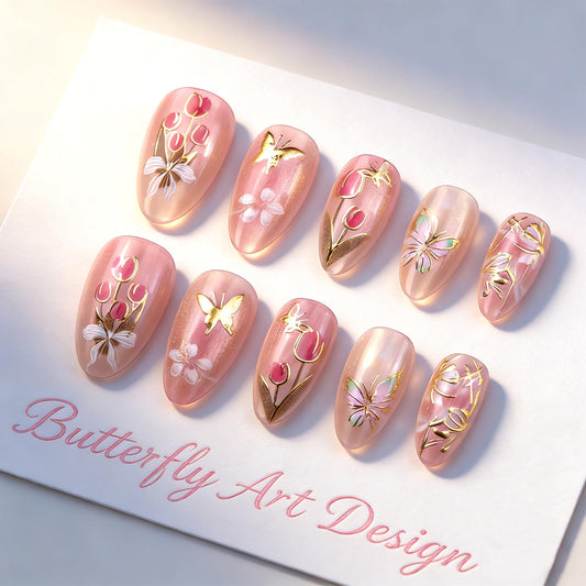 Flower Press on Nails Medium Almond Fake Nails with Designs Tulip Butterfly Stick on Nail Cute Glitter Acrylic False Nail Spring Summer Artificial Nail Glossy Full Cover Glue on Nails for Women