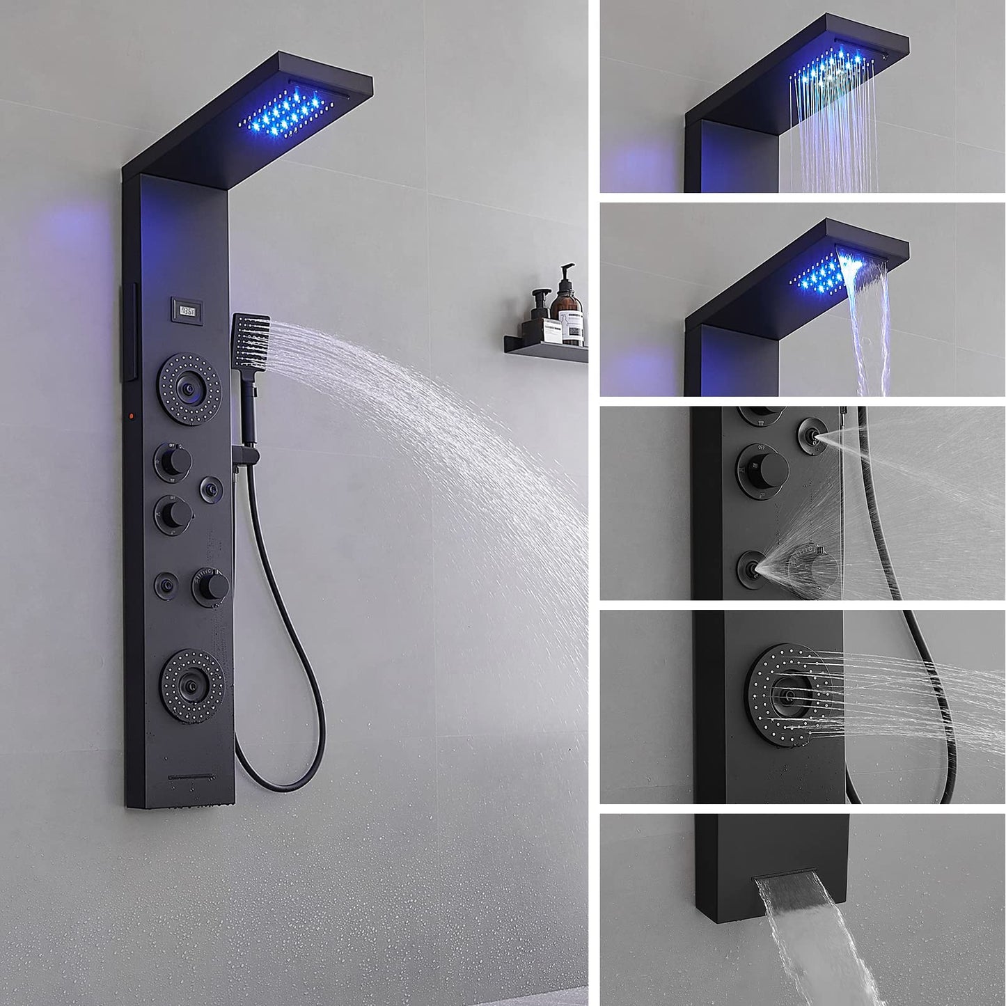 BWE Shower Panel with LED Rainfall Waterfall Shower 6-Function Faucet 4 Mist Jets 2 Body Sprays with Handheld and Waterfall Tub Spout Shower Tower System Matte Black