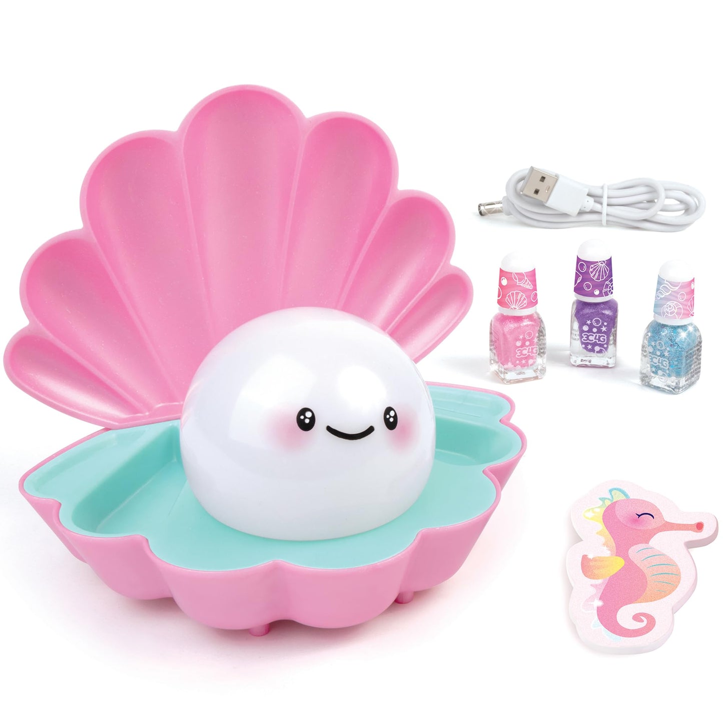 3C4G: Pearl Perfect Light-Up Nail Dryer - 6pc, Pink Shell Shaped Manicure Kit, Built-in Fan, 3 Nail Polishes, Seahorse Filer, Tweens-Girls-Kids 8+