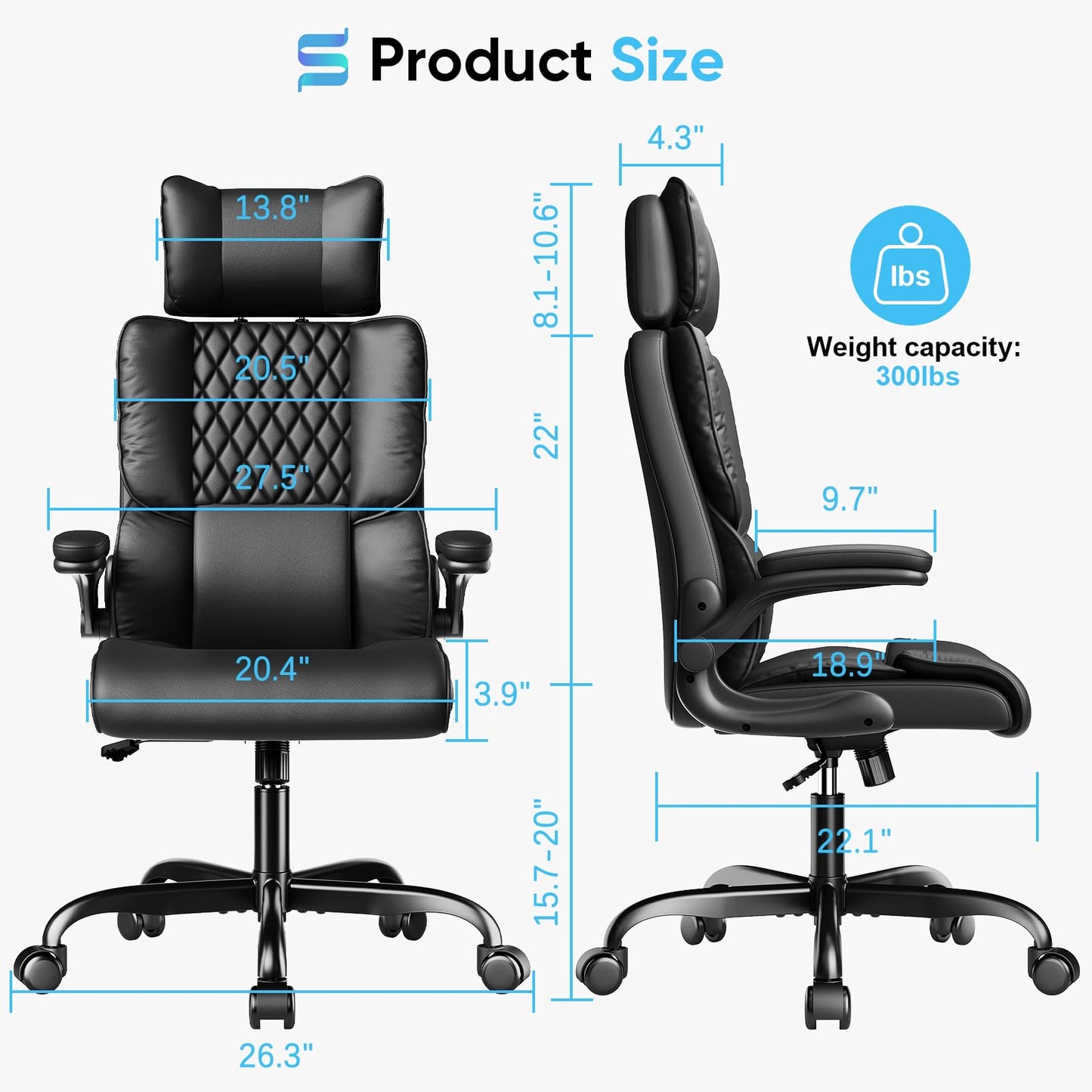 Sytas Executive Office Ergonomic Chair with Adjustable Headrest, PU Leather Desk Chair, High-Back Swivel Task Chair for Home Office, 135° Reclining, Black