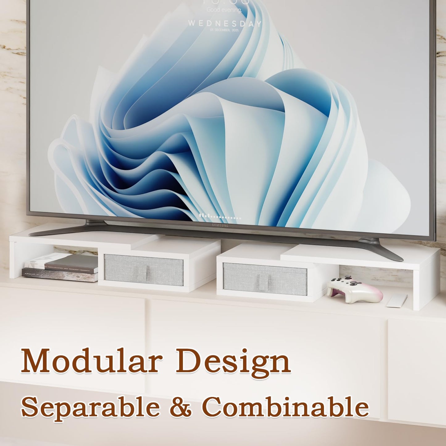 TEAMIX Dual Monitor Stand Riser - Length and Angle Adjustable White Monitor Stand with 2 Drawers to Storage Large Computer Riser for 2 Monitors/Laptop/PC, Wood Screen/TV Stand Desk Organizer (White)