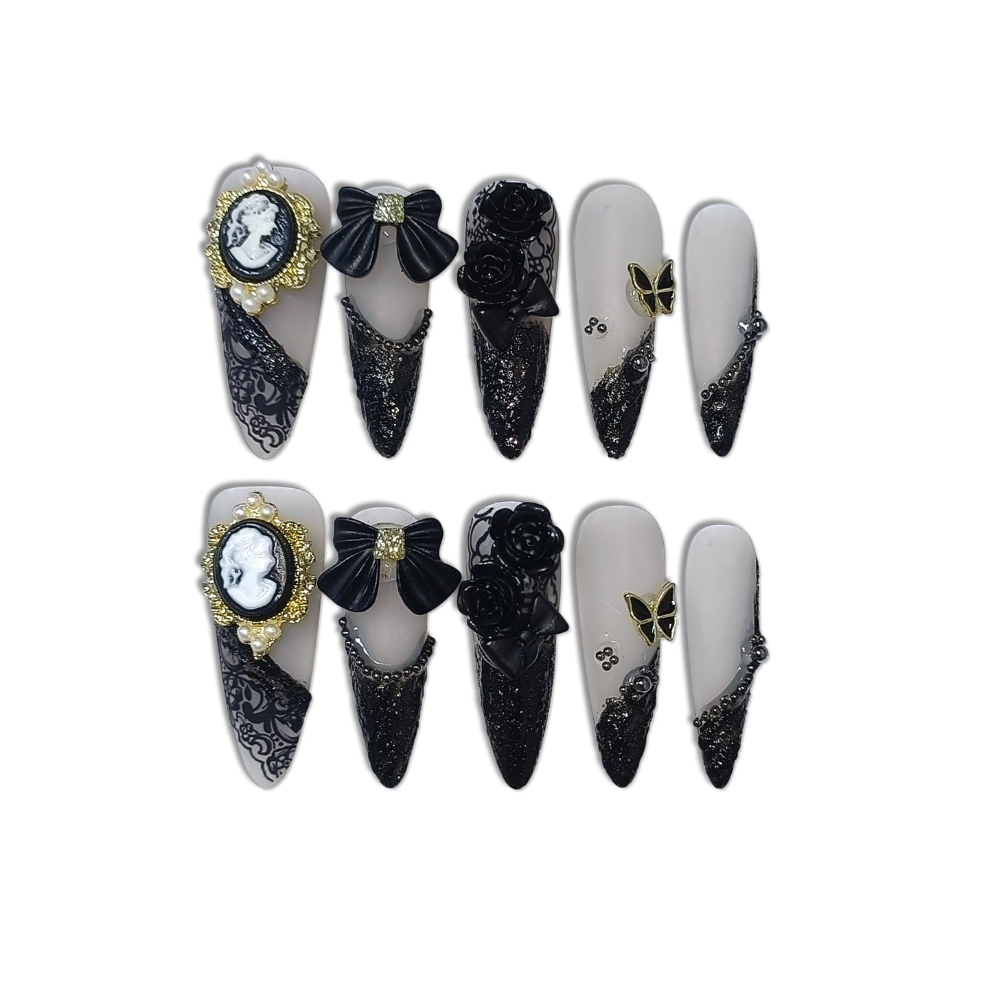TENPAL 10Pcs Gothic Press On Nails Long Stiletto,Baroque Cameo & Floral Lace French Tip Glue on Nails with 3D Charms,Victorian Gothic Nails w/Tools,Glossy Dark Romantic Fake Nails for Party Event(XS)