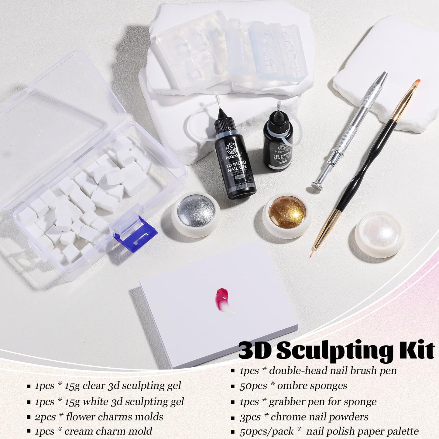 Fcozpjk 3D Gel Nail Art for Nails Starter Kit: 15ML Clear and White 3D Sculpting Gel with 3PCS Silicone Flowers Nail Charm Molds Gold Silver Chrome Powder Ombre Sponges Salon Supplies DIY Manicure