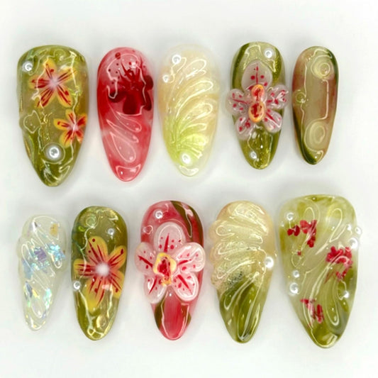 24pcs Flower Press on Nails Almond False Nail Green Nails Tips with Flower Pearl Design False Nail Art Medium Press on acrylic Nails Cute Stick on Nails Manicure Handmade Fake Nail for Women