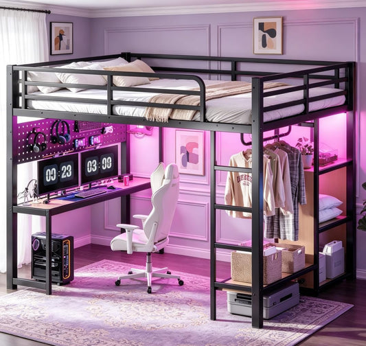 Bellemave Queen Size Loft Bed with Desk,with USB Ports, Lights, and Hanging Rod, Cave Board Design, Metal Queen Loft Bed Frame for Adults, Kids, Teens, Black