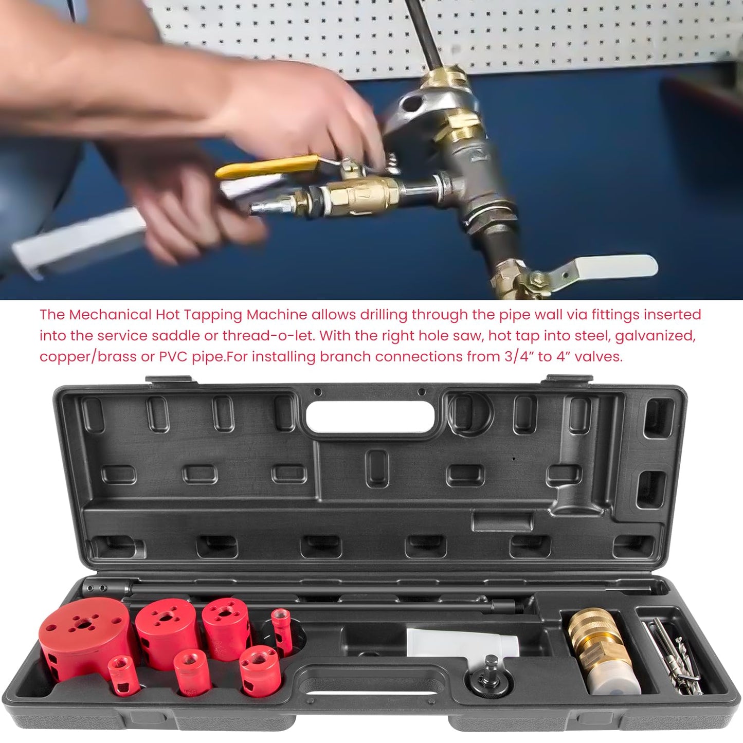 08350 DM3MECH Mechanical Hot Tapping Machine Kit for NPT with Hole Saws and Arbor, Fits 3/4-4-inch Valves, 300 psi Pressure Rated